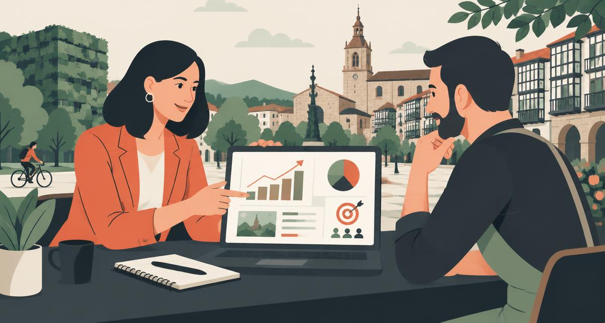 Consultora de marketing digital trabajando con un negocio local en la Plaza de la Virgen Blanca de Vitoria-Gasteiz