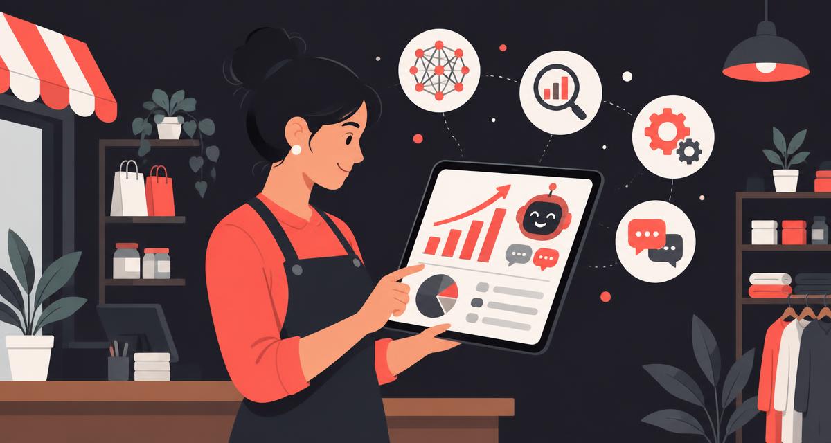 Ilustración de una empresaria local analizando métricas de marketing con inteligencia artificial