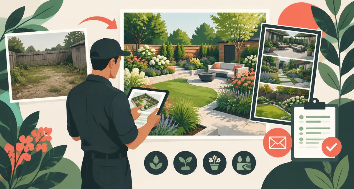 Paisajista mostrando proyectos de jardín y solicitudes de presupuesto cualificadas